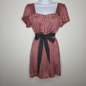 Agora Womens Red Dot Ribbon Tie Front Silky Mini Dress Size M Square Neck Flirty